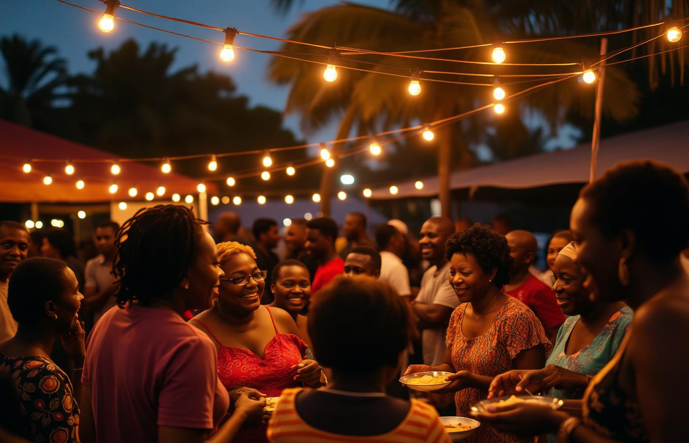 Families gathered under string lights at a cultural festival