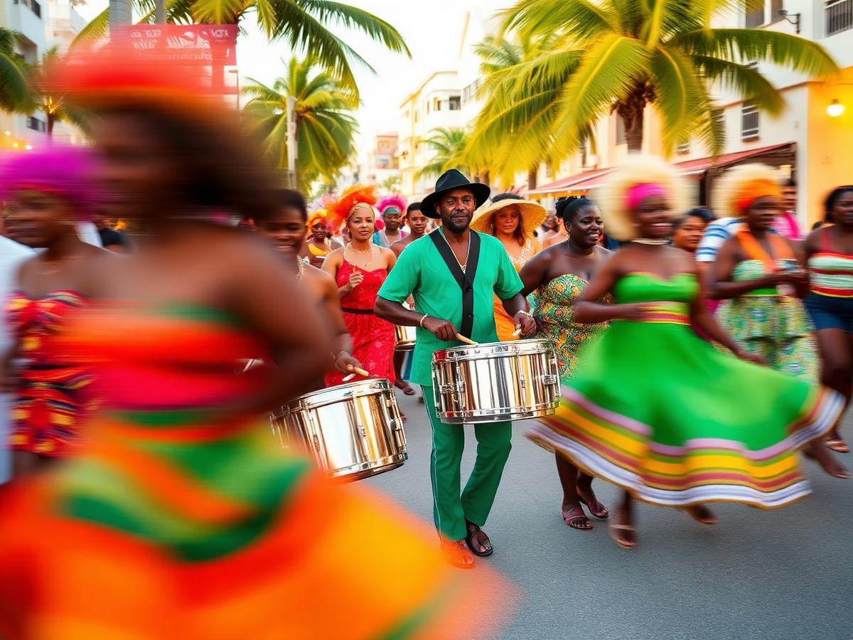 Steel pan musicians and dancers at a Sint Maarten street festival