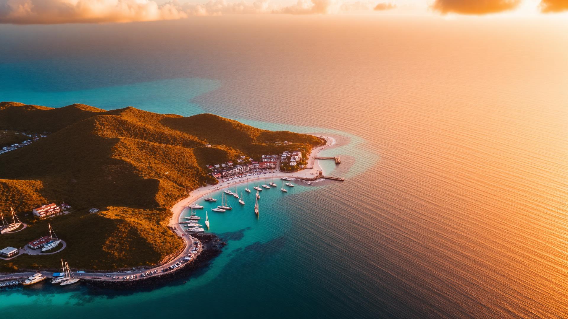 Aerial view of the Sint Maarten coastline at golden hour