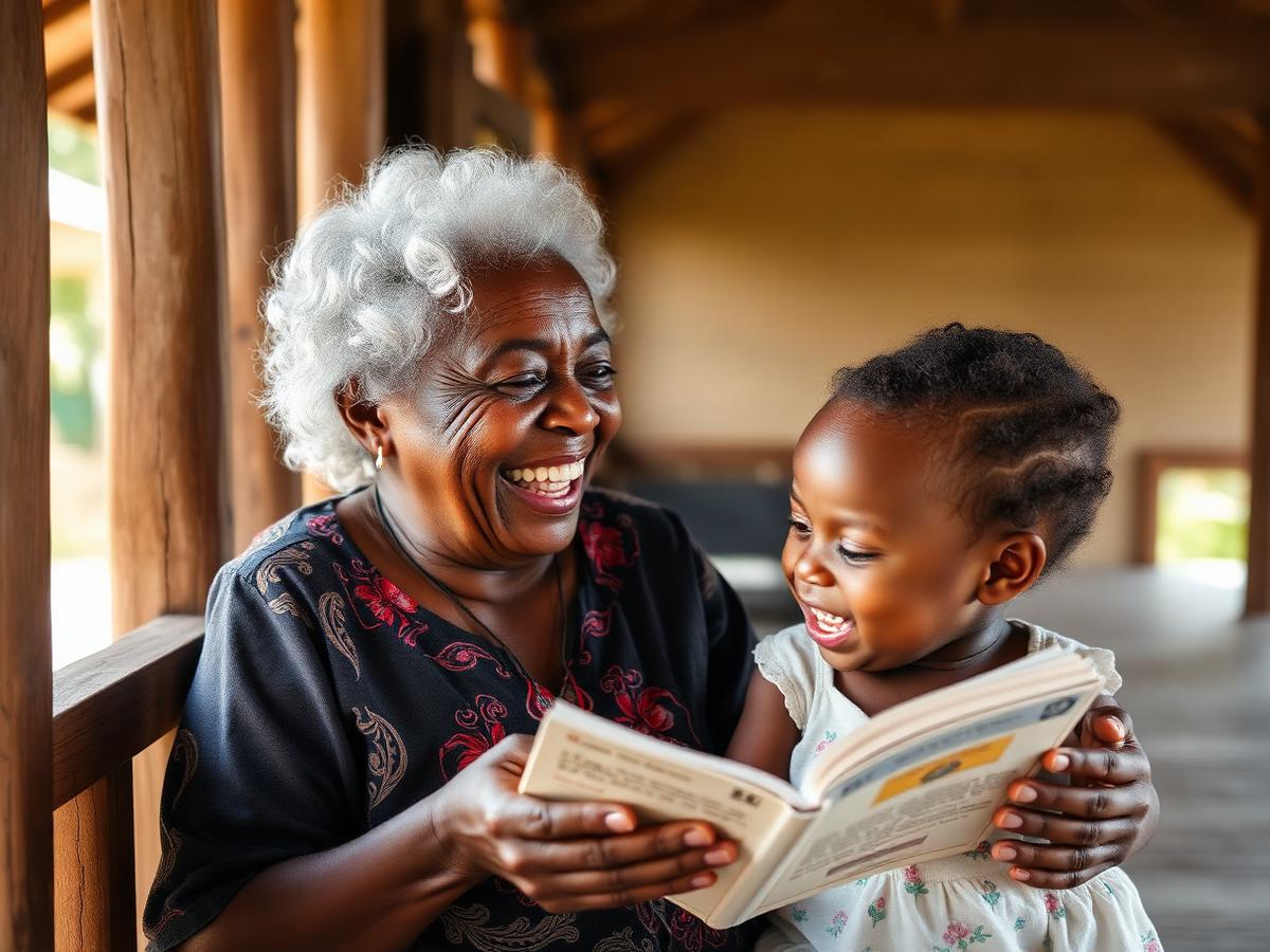 An elder sharing a story with her grandchild on a porch in Sint Maarten