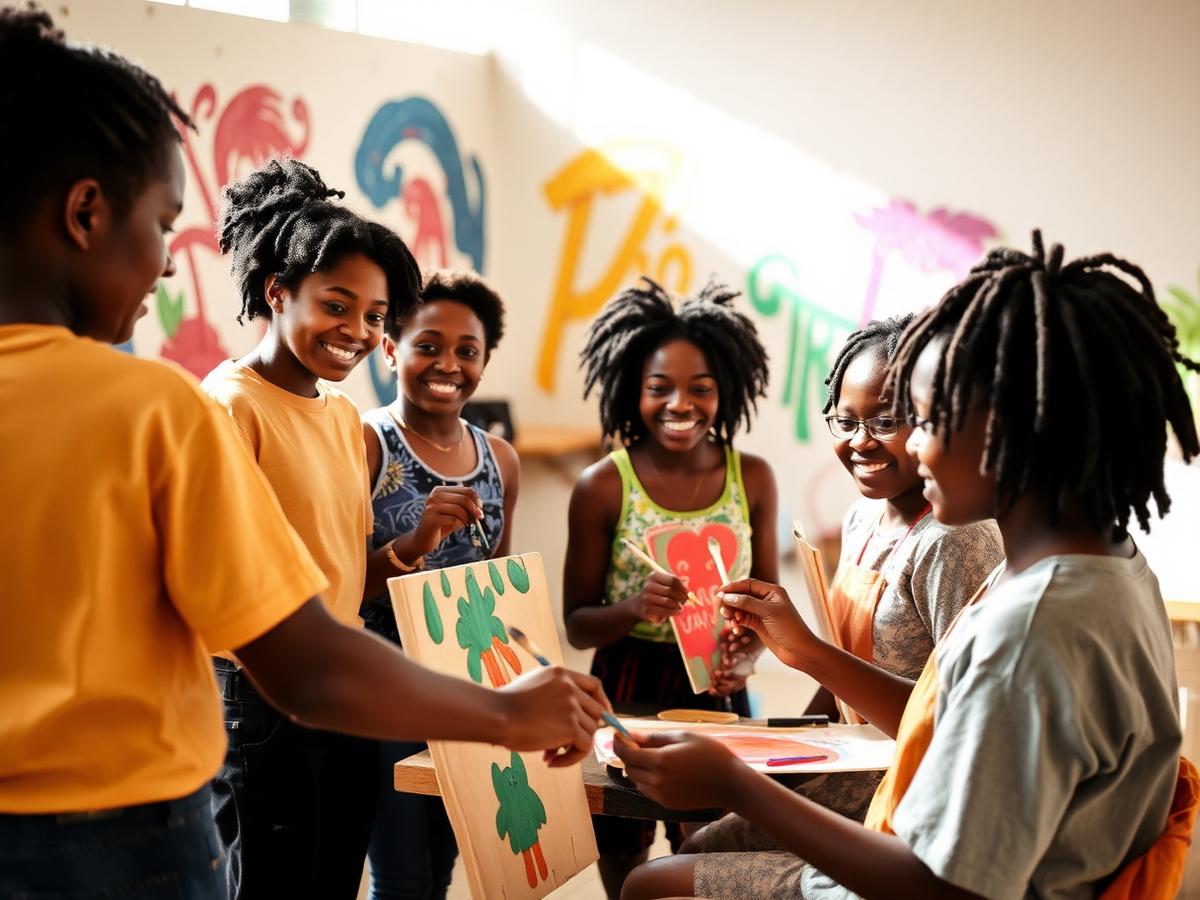 Students painting in a community art workshop